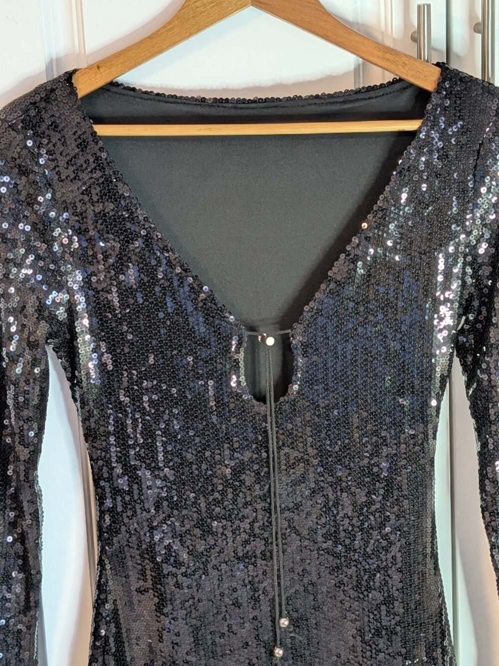 Black Sequin Gown Formal Open Back Long Sleeve Maxi Dress Slit XS Custom NWOT - Picture 7 of 16
